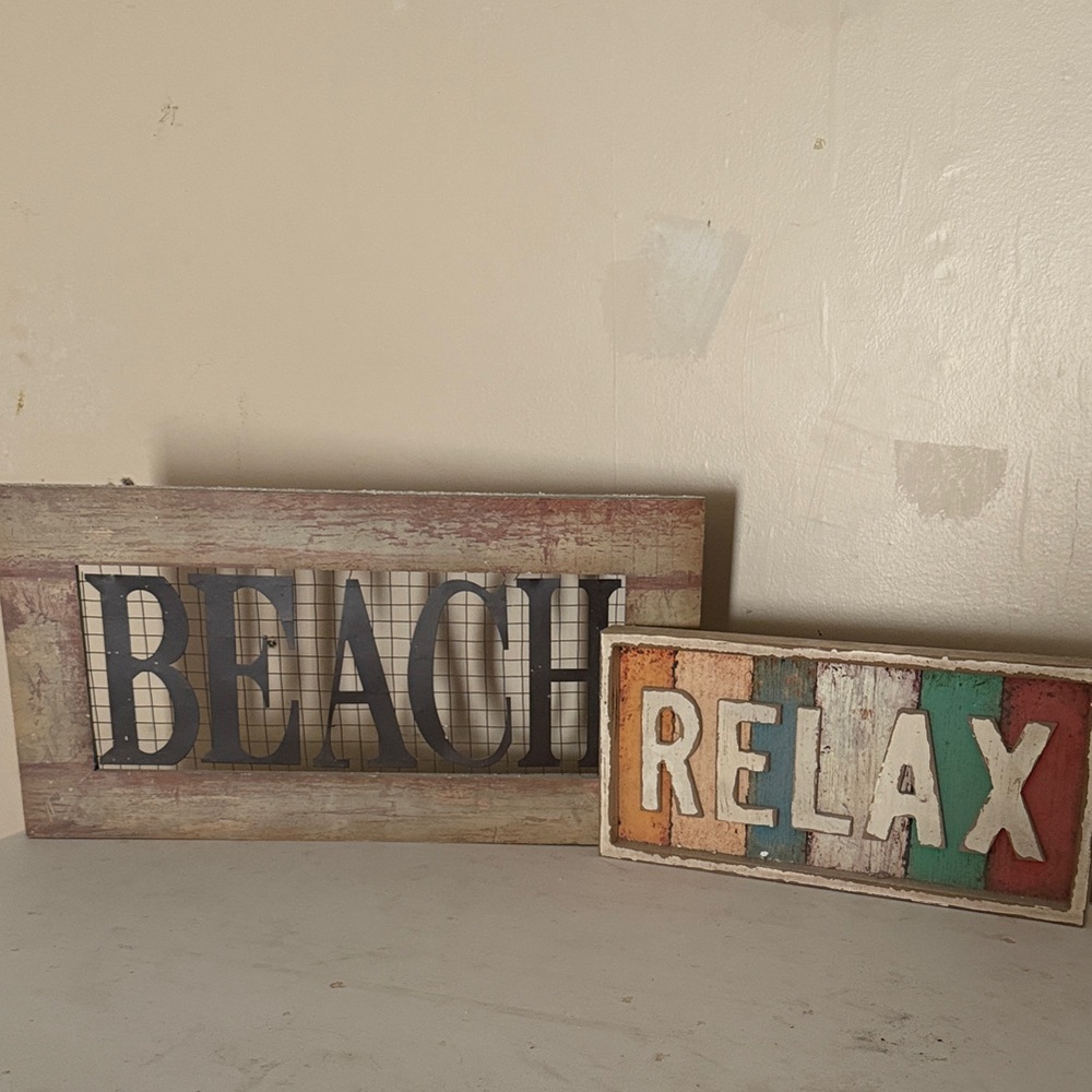 (2) Beach and Relax Wall Decor Signs Rustic